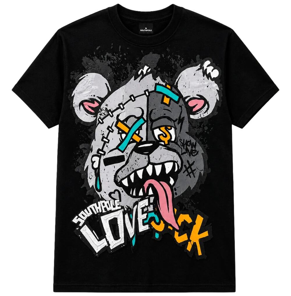 Southpole Men's T-Shirt Love Sick Distressed Bear Premium Tee in Black